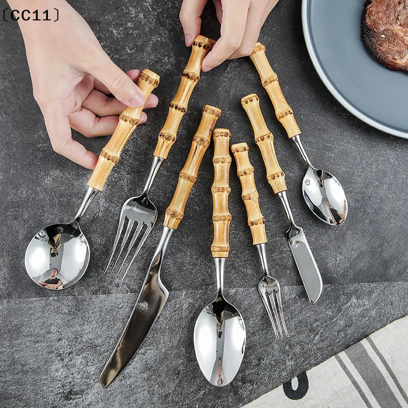 Long Handle Serving Spoon Fork Stainless Steel Gold Silver Bamboo