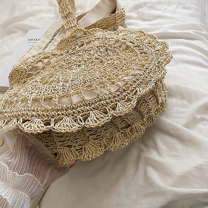 Handmade Straw Woven Bag Women Hollow Design Large Capacity Handbag