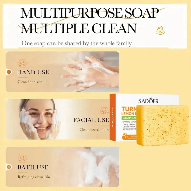 100g Turmeric Lemon Cleansing Soap, Containing Turmeric, Lemon Extract, and Other Skin-Beneficial Ingredients Like Quercetin, Gently Cleanses the Skin of Dirt and Oil. Improve Rough Skin, Making It Clean, Smooth, White, and B Vue