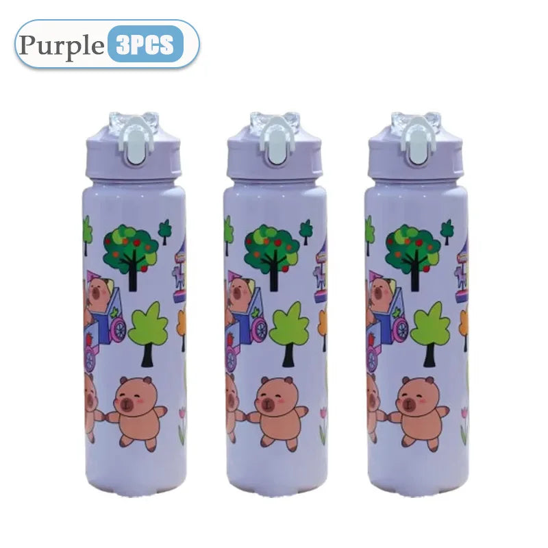 1-10PCS Cartoon Capybara Leak Proof Straw Cup with Braided Handle for Holiday Camping Picnic School Gift Portable Drinkware Vue 601-700ml Purple-3PCS