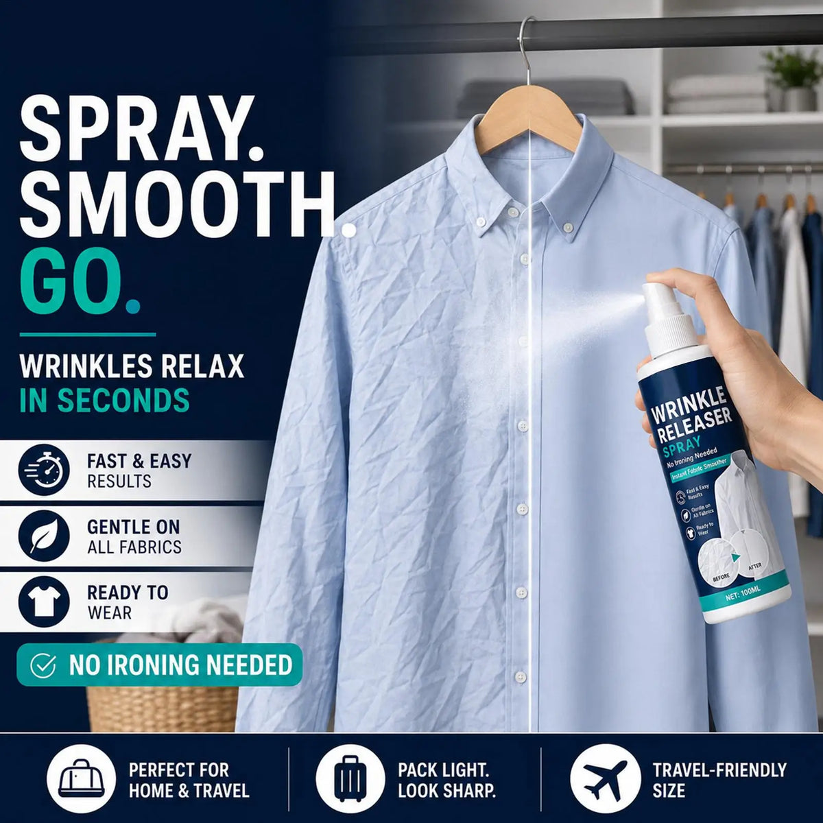 Wrinkle Release Spray for Clothes, No Iron Fabric Softener & Smoothing Agent, Quick C rease Remover for Shirts Dresses Bedding Vue