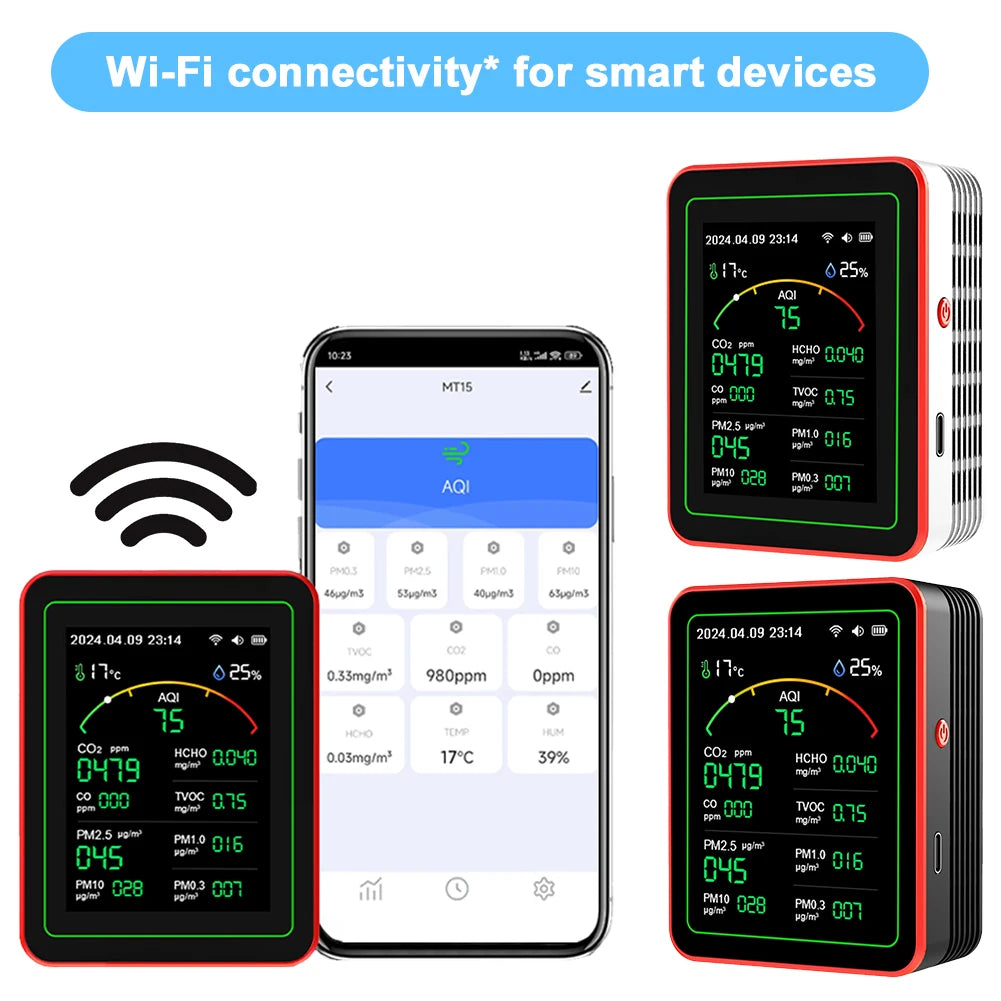 WiFi 15 in 1 Air Quality Detector TFT Display Indoor Air Quality Monitor APP Control Portable AQI PM0.3 PM1.0 PM2.5 PM10 Tester Vue