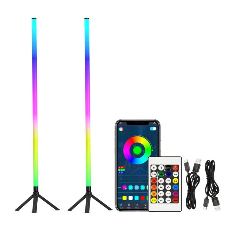 2pcs RGB Led Floor Light 24key Remote Bluetooth App Voice Control 120cm Round Tube USB Power for Gaming Room Ambiance Lighting Vue 2pcs