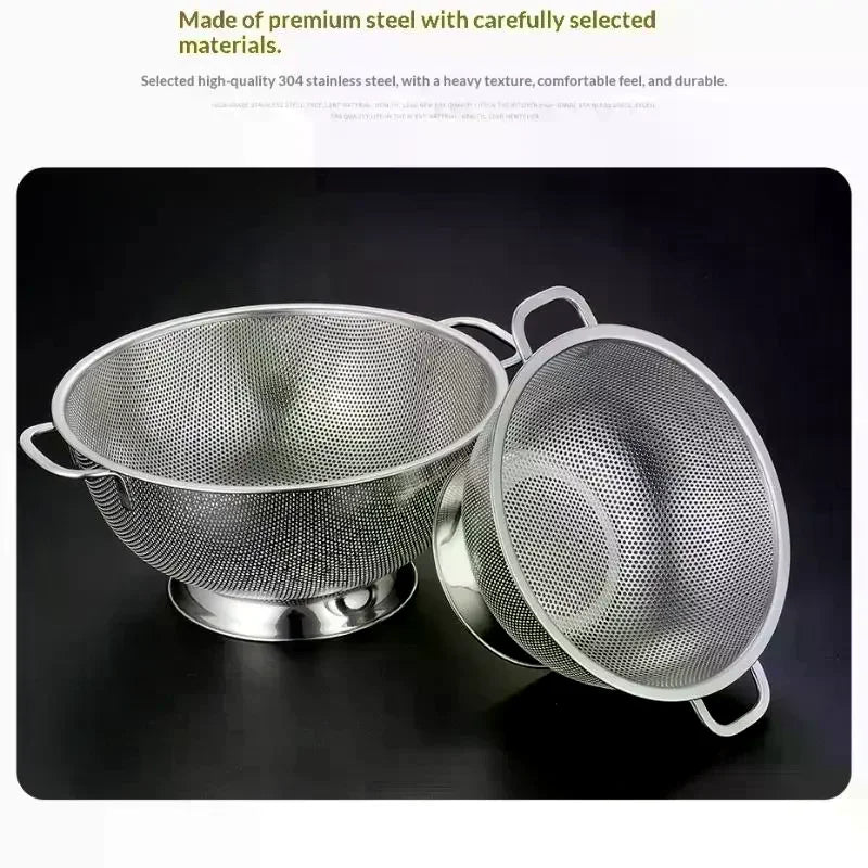 Stainless Steel Colander With Double Handle Food Pasta Strainer Basket With Self-draining Solid Ring Base Fine Mesh Filter Vue