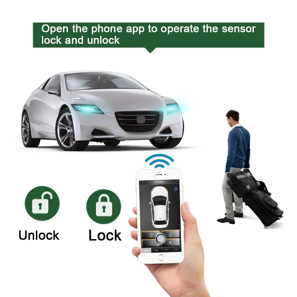 Smartphone Car Alarm System, Compatível com iOS e Android Phone, Remoto Smart Key Car Start and Stop System, PKE Car Vue