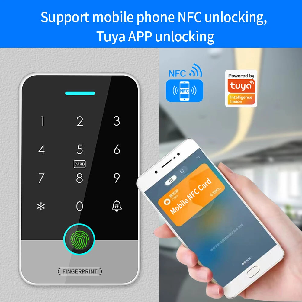 Fingerprint access control controller independent RFID touch keyboard 13.56Mhz door opening system waterproof support Tuya app Vue