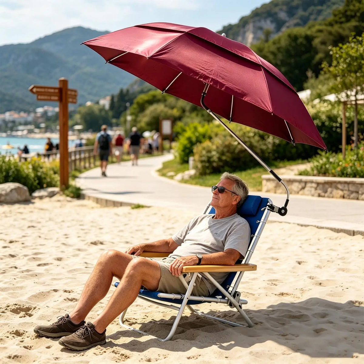 106cm UPF 50 Clip On Chair Umbrella, Double Canopy Beach Parasol with UV Protection, Portable Sun Shade for Travel Camping Patio Vue