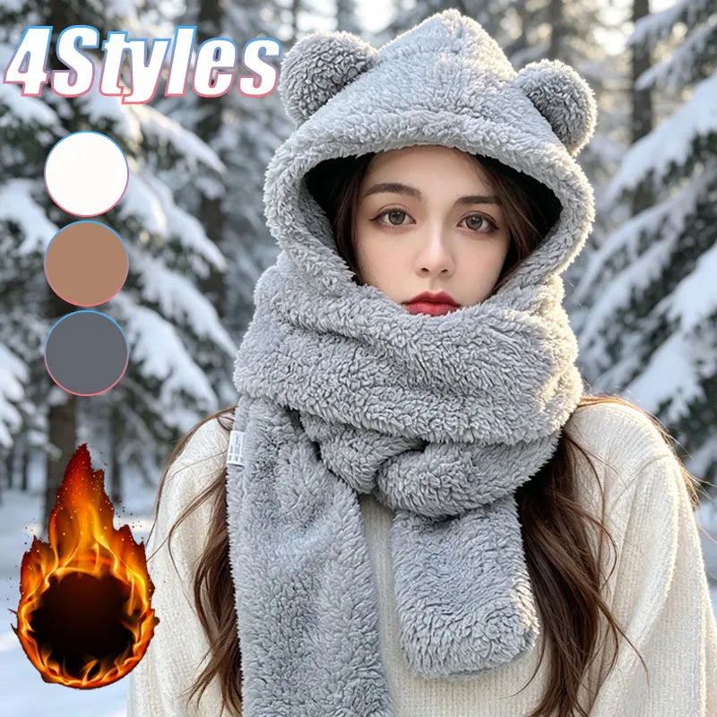 1-5PCS Cute Bear Ear Beanie Scarf Gloves 3 in 1 Fleece Lined Thick Warm Winter Hood for Women Girls Outdoor Skiing Cold Weather Vue