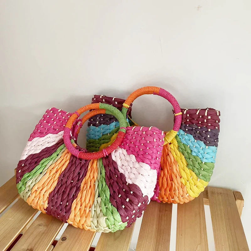 Straw Bag Women Hand-woven Handbags Moon Shape Rattan Tote Big