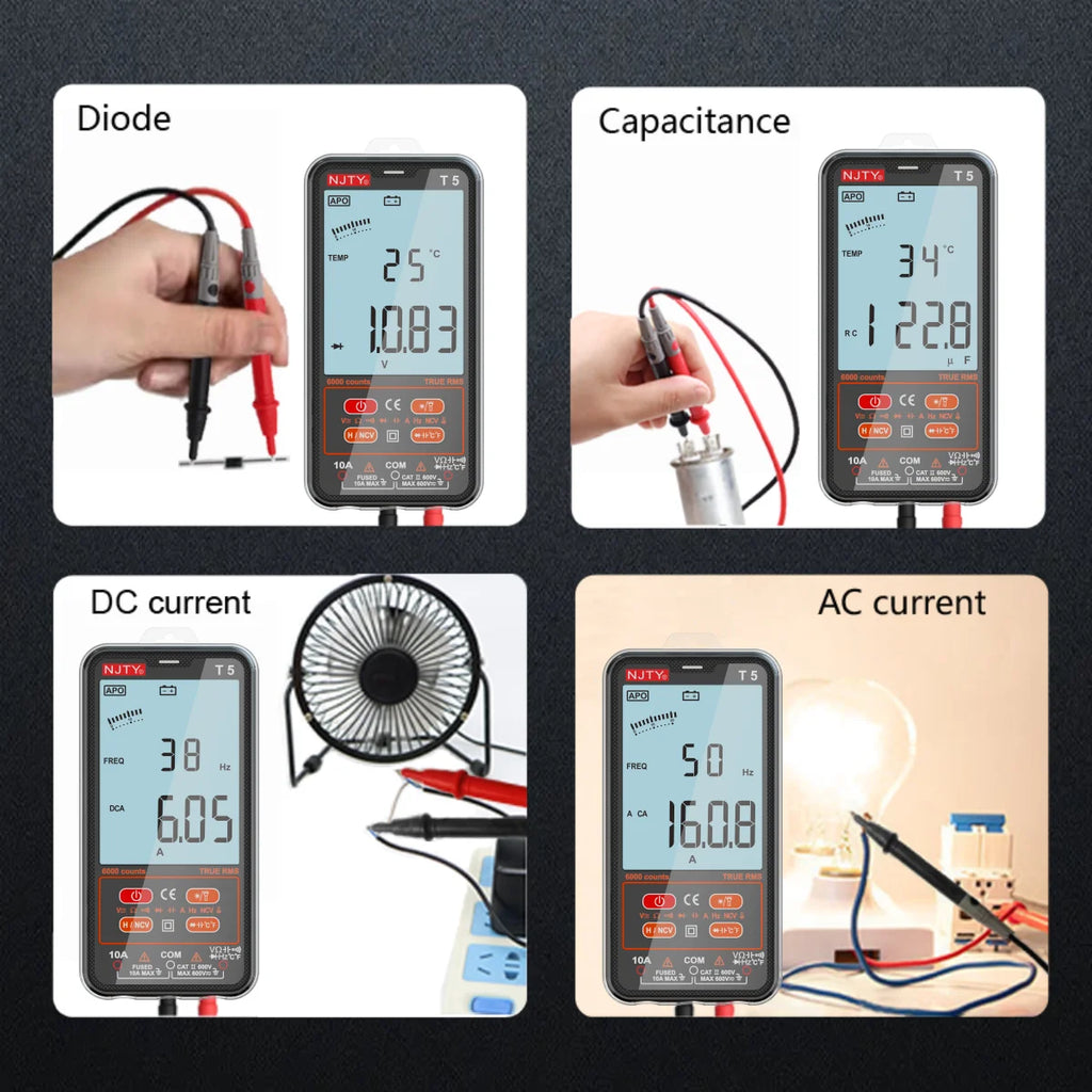NJTY T5 TRMS Smart Digital Multimeter 6000 Counts Auto Electrical Tools Capacitance Meter Voltage Current Resistance TEMPERATURE Vue