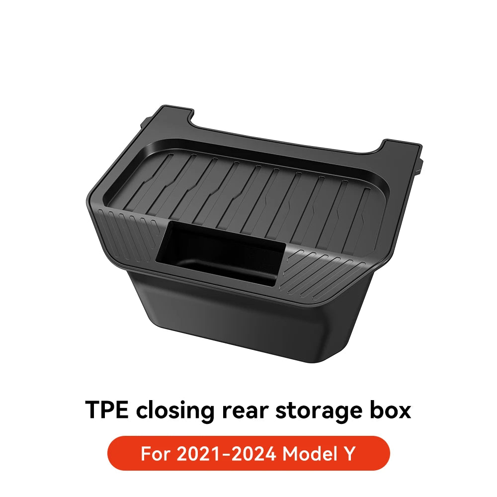 For Tesla Model Y Juniper TPE Rear Center Console Storage Box Organizer Box with Cover Trash Can Under Seat Car Accessories Vue 2021-2024 Black
