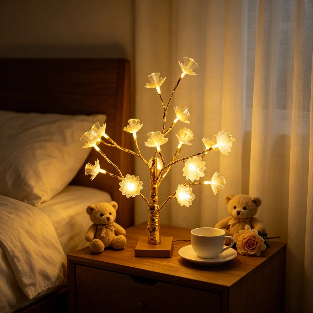 Double Layer Fiber Optic Lotus Flower Golden Birch Tree LED Table Lamp, Floral Desktop Light for Bedroom Table Home Decor Vue