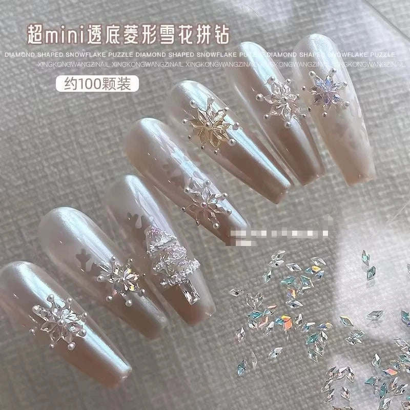 Snowflake Mini Diamond Nail Drill Flat Bottom Sparkling 1.5 * 3mm Premium Diamond Silver Christmas Nail Accessories Vue