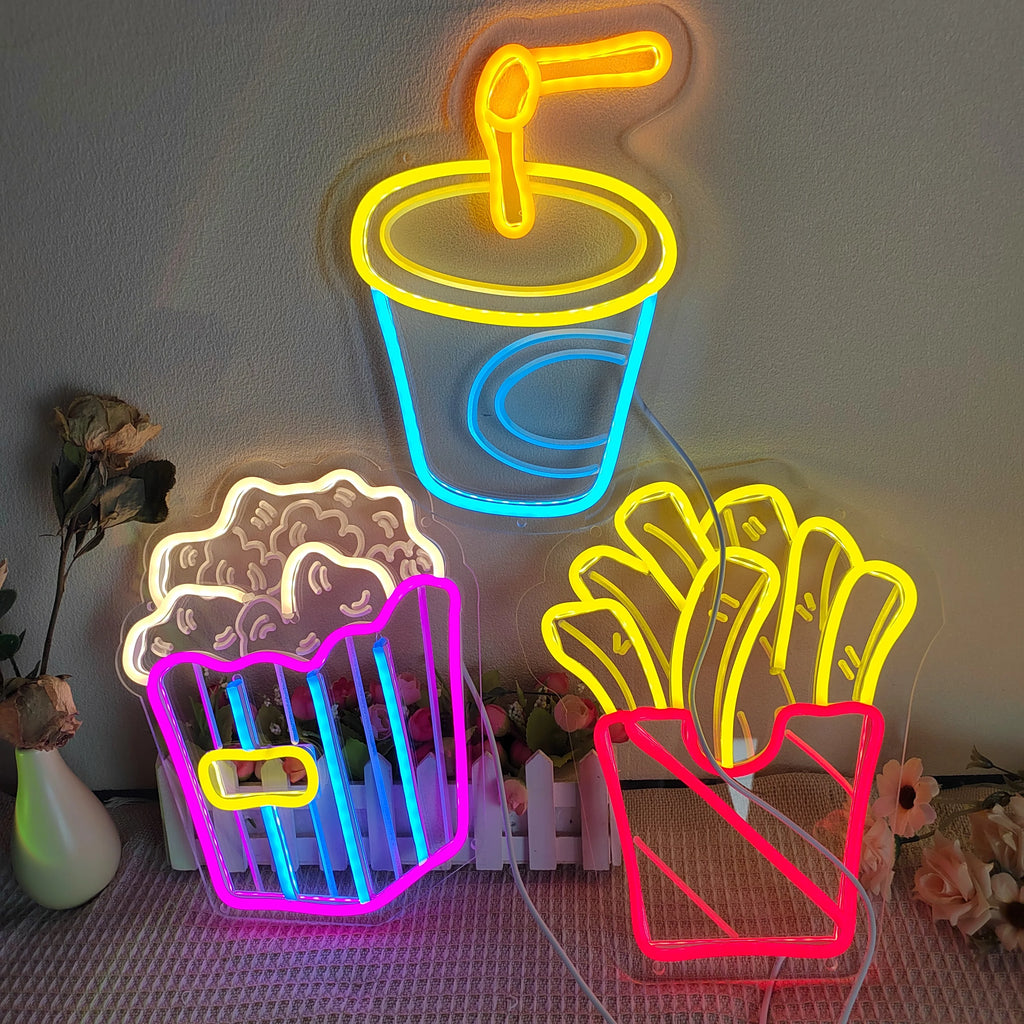Business Neon Light Led Lights French Fries Popcorn Sign For Restaurant Eating House Decor Wall Neon Sign Fast Food Shop Cinema Vue