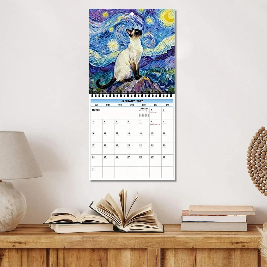 Wall Calendar Cute Cat Prints Large Date Grid Planner 12 Month Wall Planner for Dining Room Dorm Living Room Bedroom Study Vue