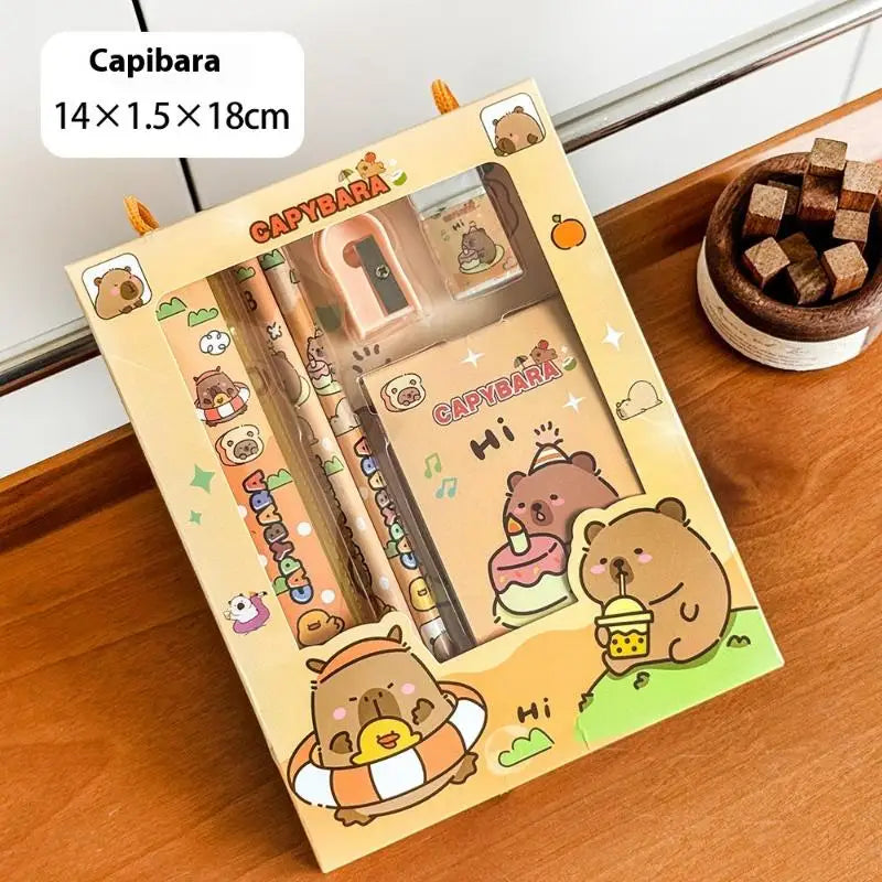 6Pcs/Set Cute Cartoon Capybara Pencil Stationery Set Kawaii Eraser Pencil Sharpener Children Student Stationery Supplies Vue A4