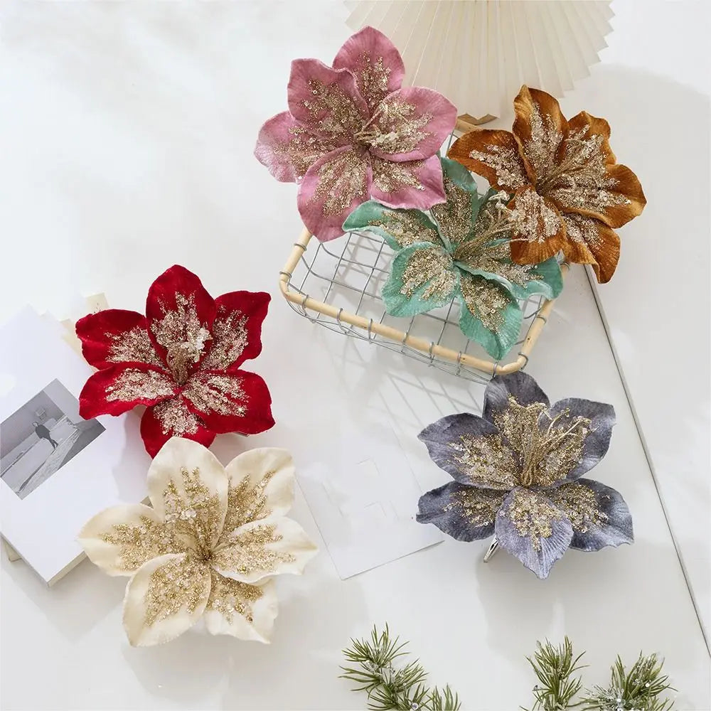 20 cm Artificial Christmas Flower Glitter Large Christmas Poinsettia Handmade Velvet Simulation Flower Home Decoration Vue