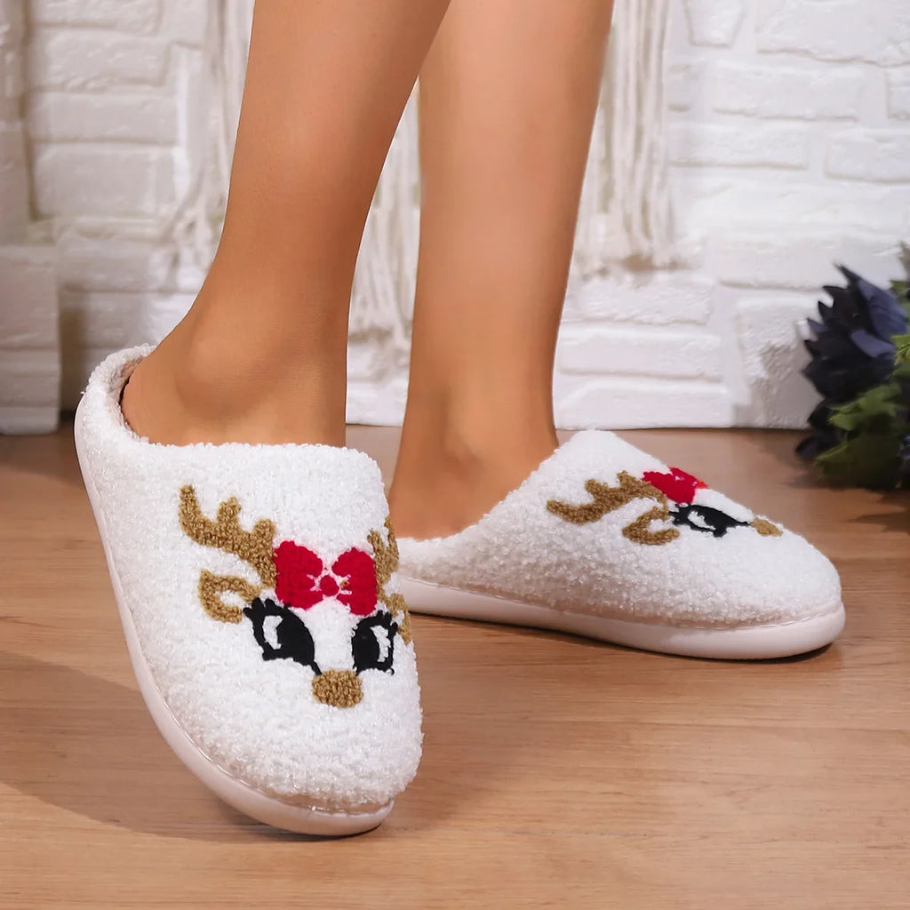 Winter Christmas Plush Cotton Slippers Cute Cartoon Home Indoor Anti Slip Soft Cozy Shoes for Men Women Couple Vue