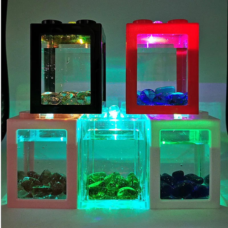 Mini Fish Tank with LED Lighting Aquarium LED Light Box Stackable Aquarium Cylinder Landscape Seawed for Home Office Decoration Vue