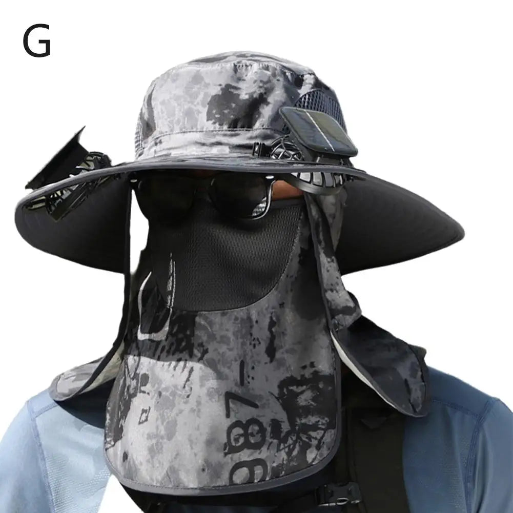 Solar USB Rechargeable Full Face Cover Mute Fan Summer Male Outdoor Fan Hat Big Edge Sun Hat Sunscreen Quick-drying Fishing Hat Vue G