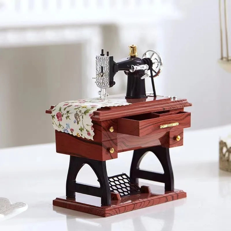 Vintage Mini Sewing Machine Music Box Treadle Sewing Machine Table Desk Ornament Mechanical Clockwork Music Box for Home Decor Vue