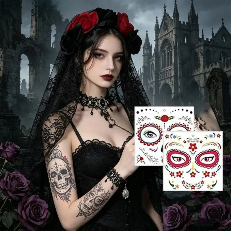 1-5Sets Halloween Lace Veil Headband with Rose Necklace and Bracelet Day of the Dead Costume Accessory for Party Favor Vue