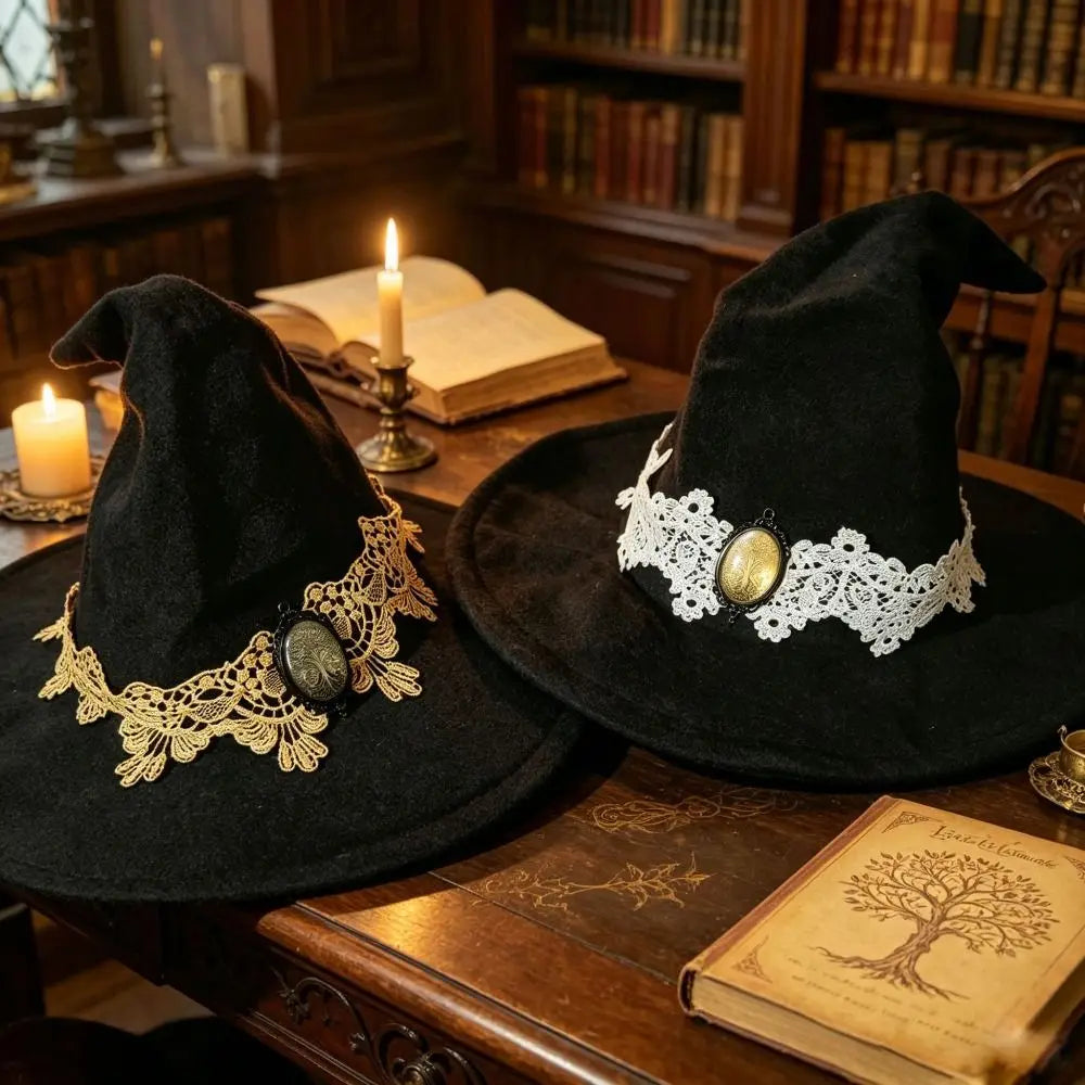 Lolita Vintage Lace Witch Hat Lace Trim Tree Of Life Badge Wizard Hat Elegant Black Victorian Style Halloween Hat Cosplay Party Vue