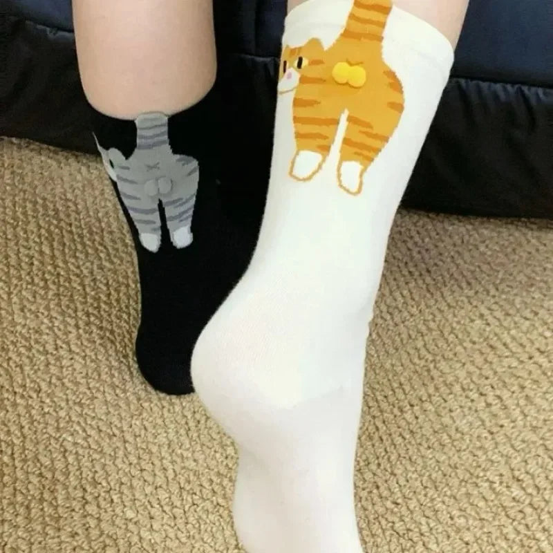 Cartoon Cat and Dingdong Egg Pattern Maternity Couple Socks for Spring and Summer Medium-Cut Daily Wear Ins Style Women’s Socks Vue