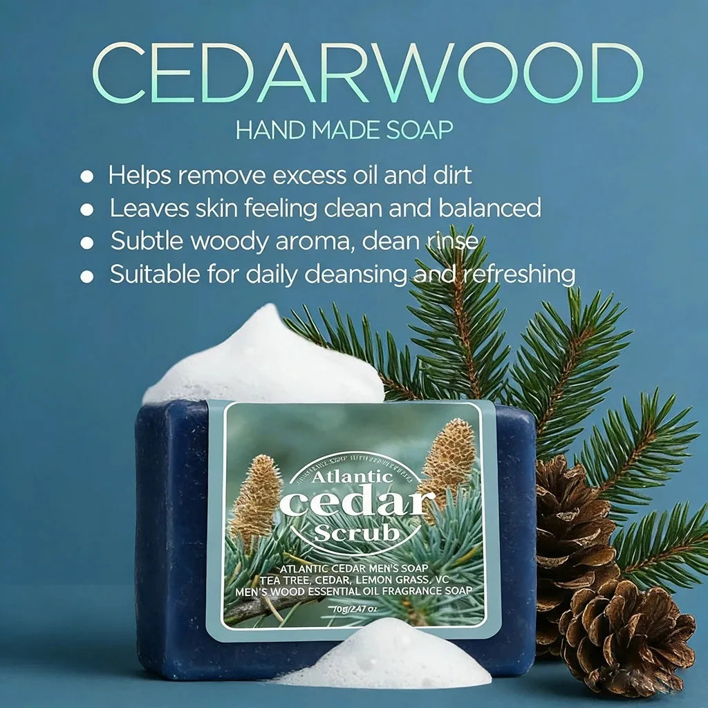 Men's Cedar Essential Oil Soap Travel Portable Hotel Soap Deep Cleansing Woody Fragrance Handmade Soap, Face and Body Soap Vue 70g