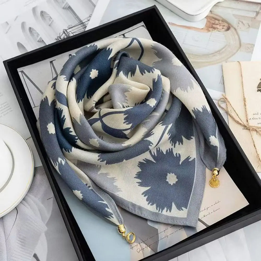 Fashion Magnetic Buckle Silk Scarf Floral Print Lightweight Neck
