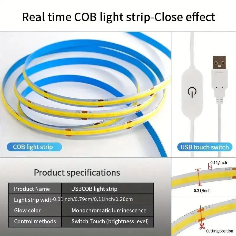 LED COB Diode Tape Light Strip USB Touch Sensor Dimmer Backlight 5V Ribbon DIY High Density Linear Lightings Lamp For Home Decor Vue