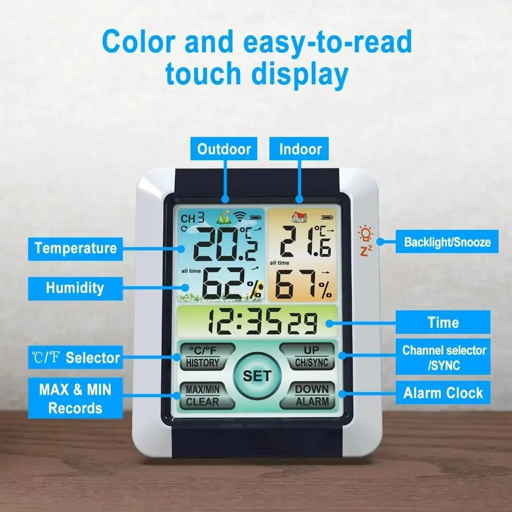 Wireless Temperature and Humidity Meter Alarm Clock Touch Screen Display Digital Weather Station Hygrometer Weather Forecast Vue