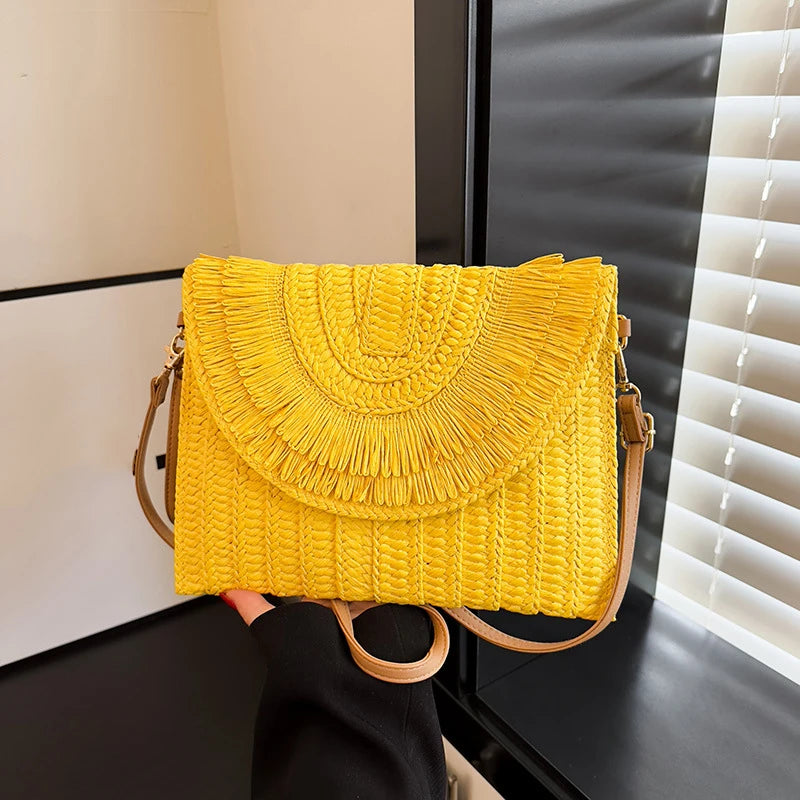Straw Handmade Weave Clutch Bag Solid Pouch Purse Female Summer Flap