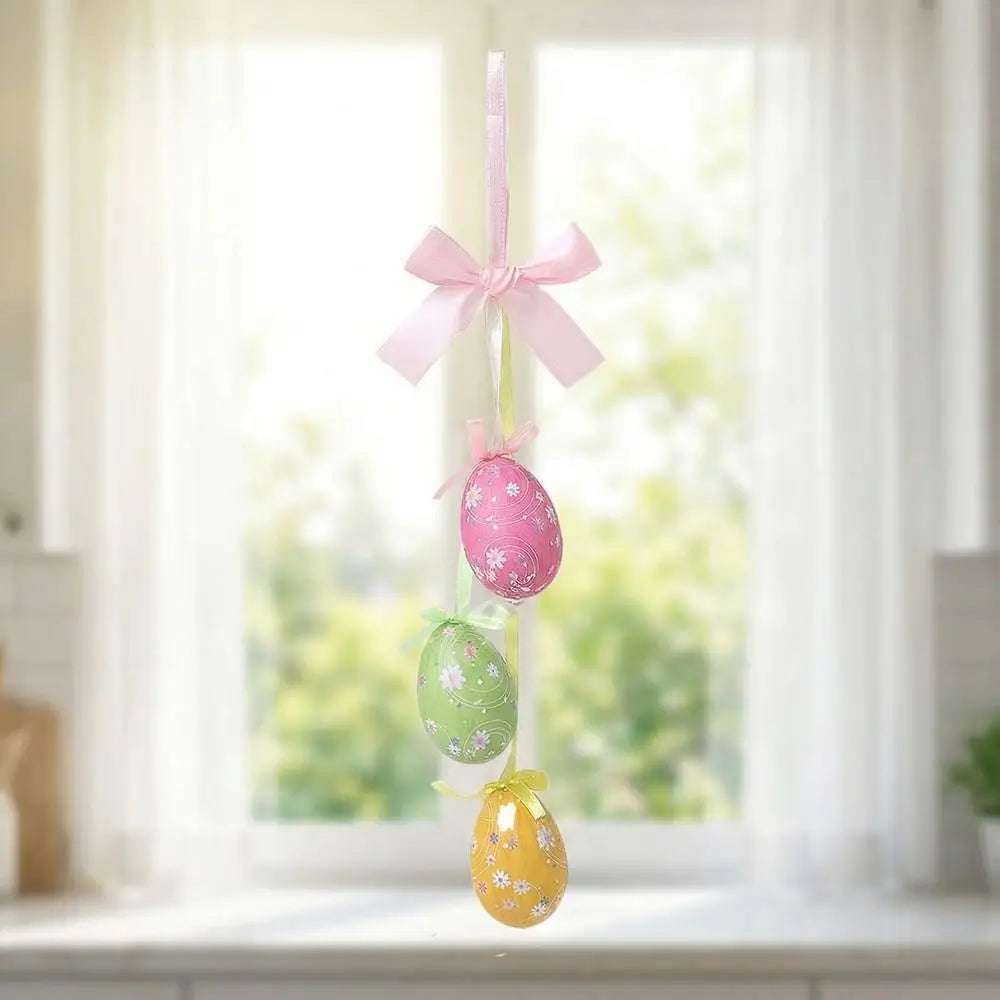 Painted Easter Eggs Hanging Pendant with Bow Rabbit Chick Flower Colorful Eggs String DIY Crafts Foam Eggs Ornaments Vue
