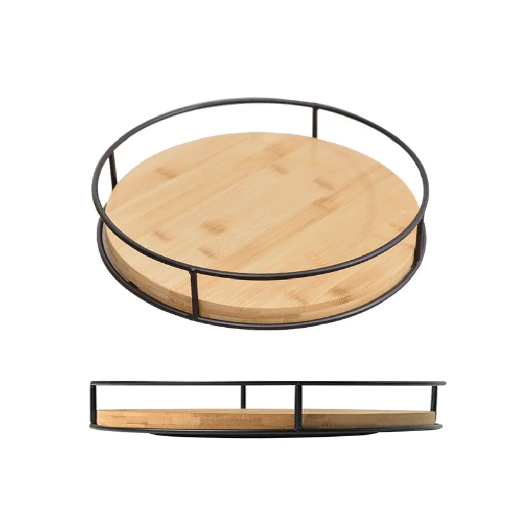 Round Wooden Kitchen Rotating Spice Rack with Metal Frame Non-Slip Base 360-degree Rotation Spice Tray Large Capacity Vue with Iron Frame