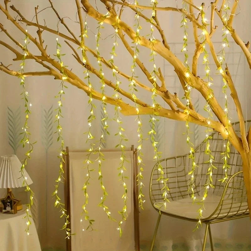 2M 20 LED Willow Leaf Curtain Lights Battery Box Decorative Vine String Lights for Bedroom Wedding Party Room Wall Decor Vue