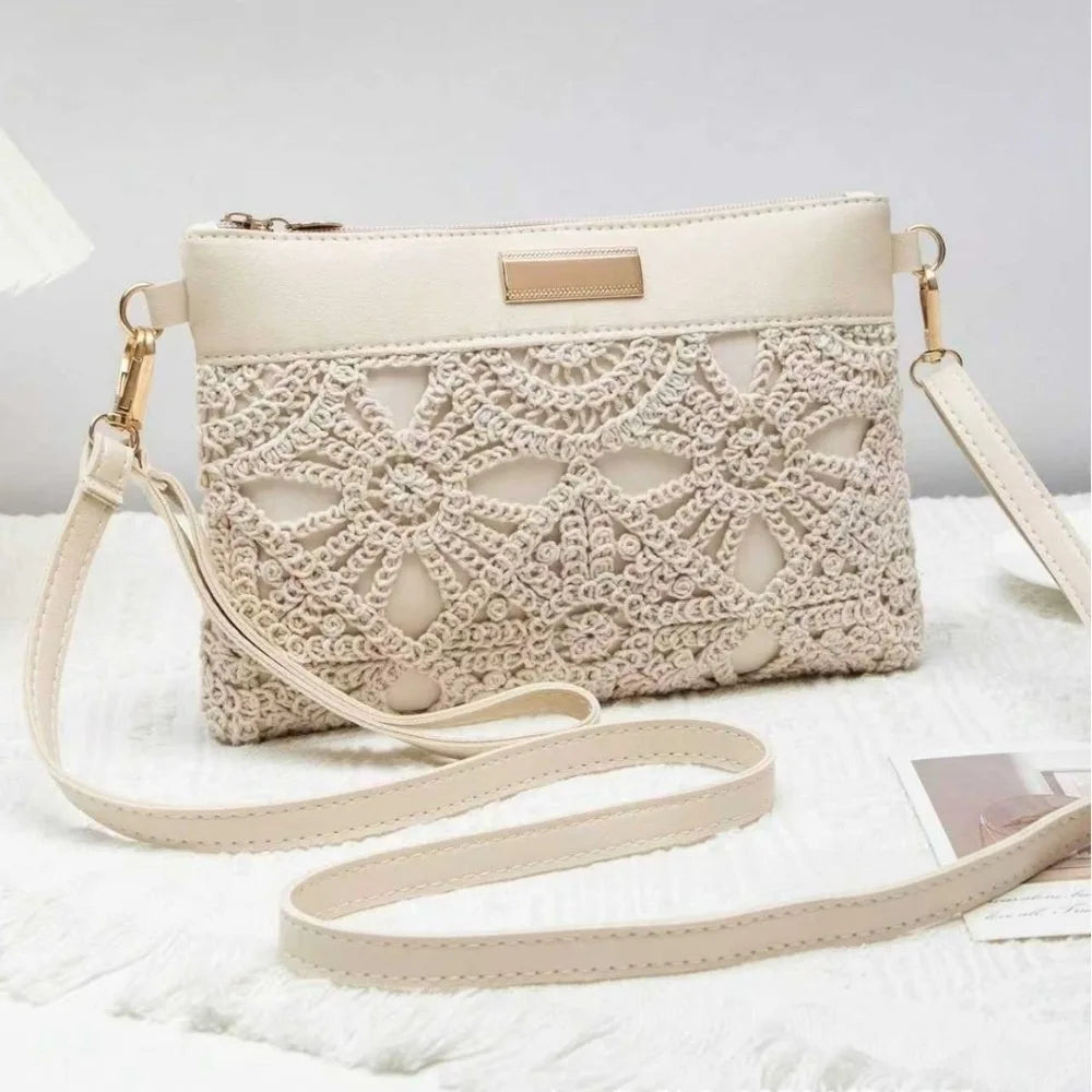 Bohemian Hollow Woven Bag Lace Decor PU Leather Summer Beach Zipper Vue Beige