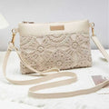 Bohemian Hollow Woven Bag Lace Decor PU Leather Summer Beach Zipper Vue Beige