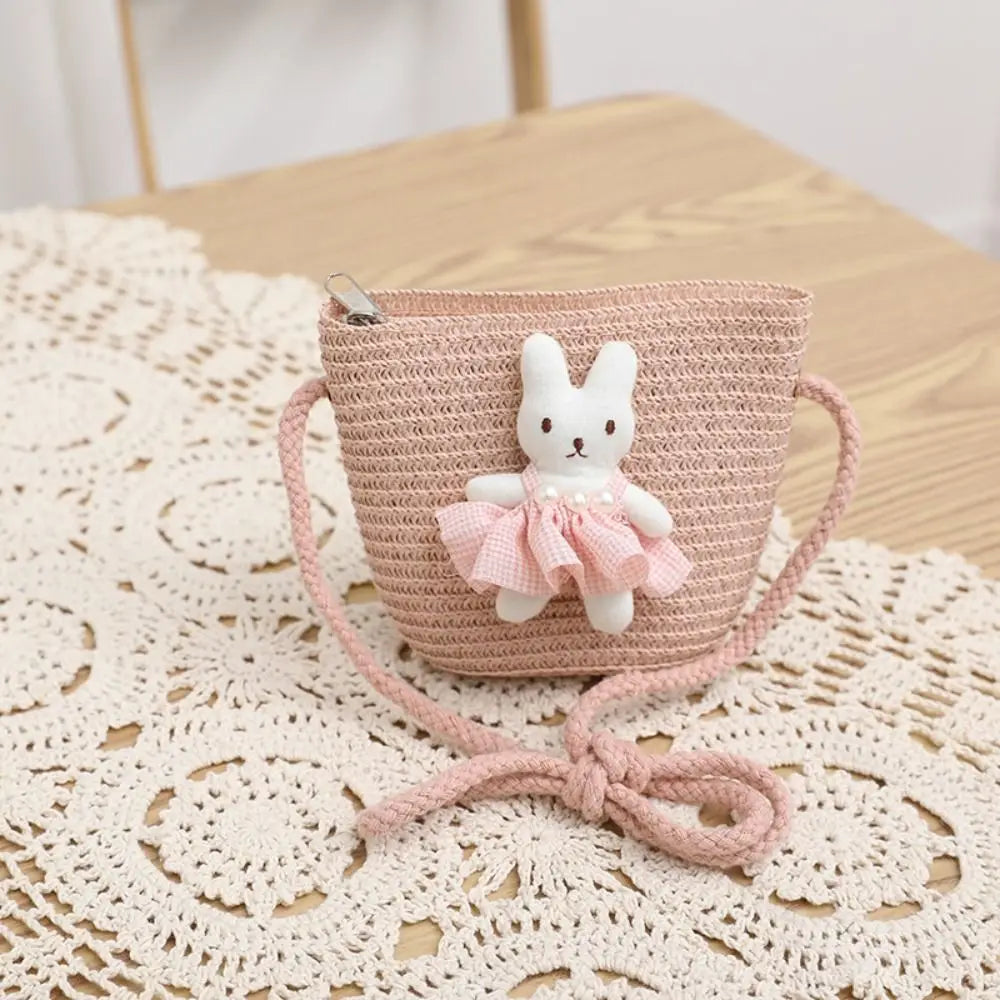 Summer Beach Cartoon Bunny Mini Straw Bag Zipper Handmade Woven Kid Vue pink