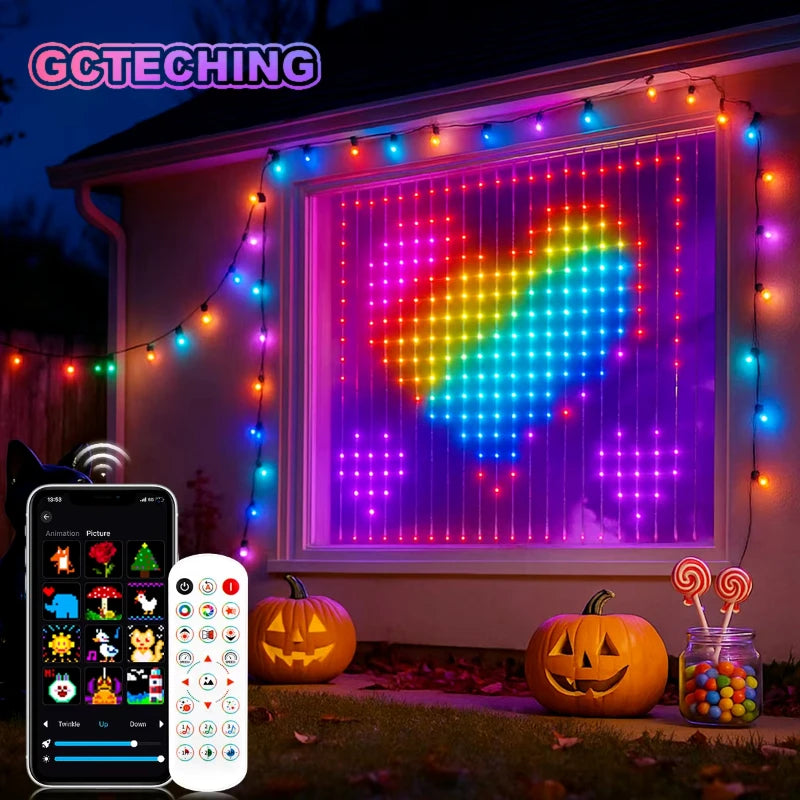 Smart BT APP DIY Text Anime Pattern Display RGBIC Fairy LED Curtain Light String Music Sync Valentine's Day/Birthday/Party Decor Vue