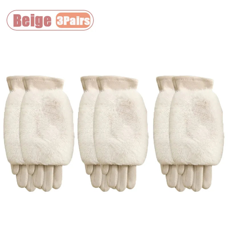 1-5Pairs Faux Mink Fur Suede Touchscreen Winter Gloves for Women Thermal Warm Thick Driving Outdoor Cold Weather Christmas Gift Vue Grey-3Pairs
