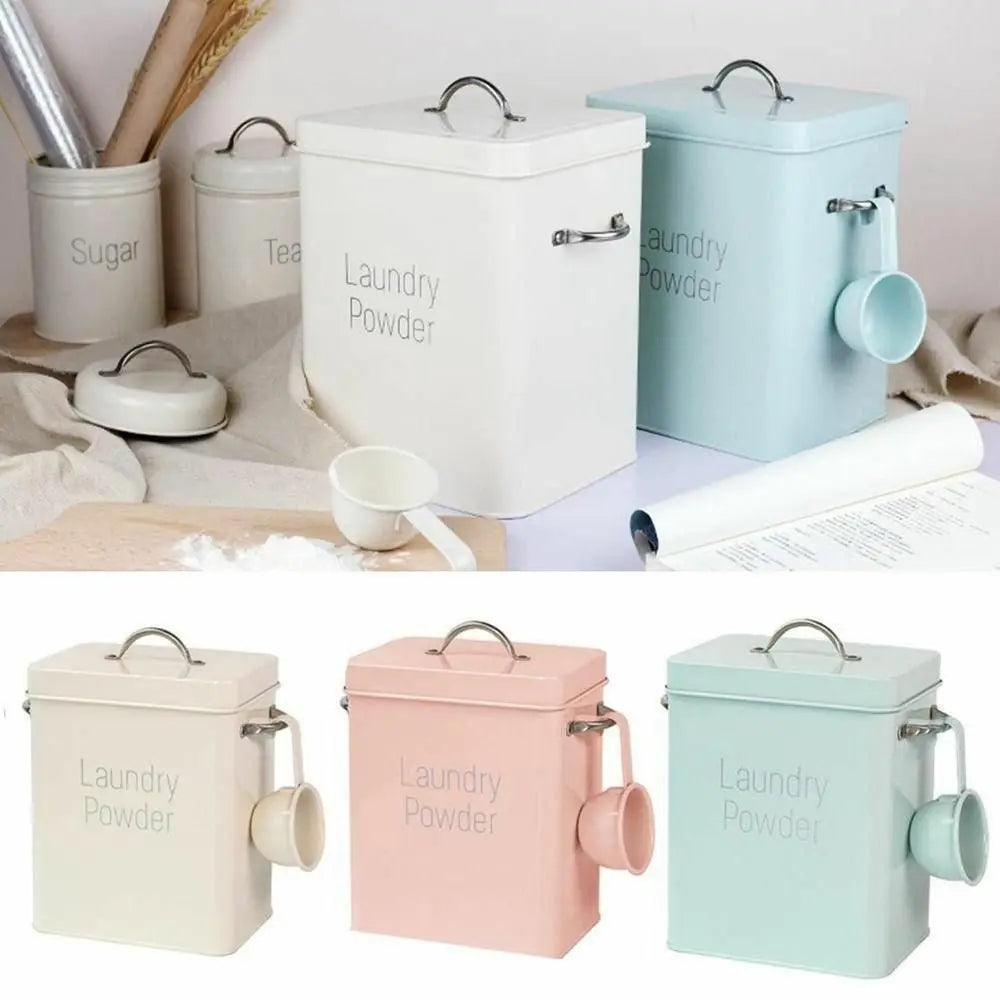 Tin Box Covered Food Grain Rice Storage Anti-rust with Spoon Washing Powder Box Washing Dispenser Sealed Box Laundry Container Vue