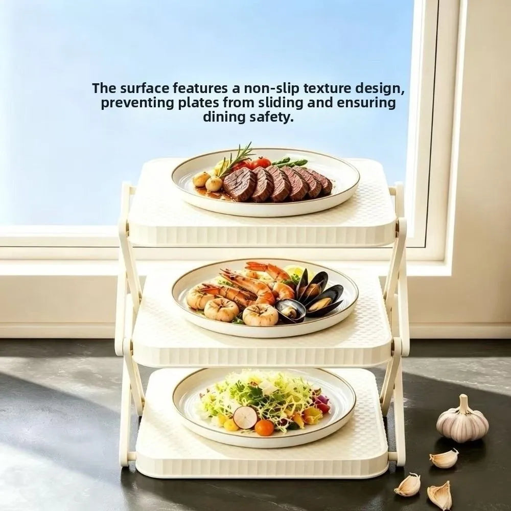 3-Layer Foldable Tray Rack Space Saving Multi-functional Dish Storage Stand Durable Collapsible Prep Tray Rack Meal Prep Vue