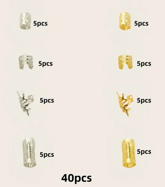 40Pcs Hair Ring Braid Dreadlocks Hole Micro Beads Adjustable Cuff Clip Hip Hop Hair Braid Styling Small Silver Gold Plated Vue Gold and Silver