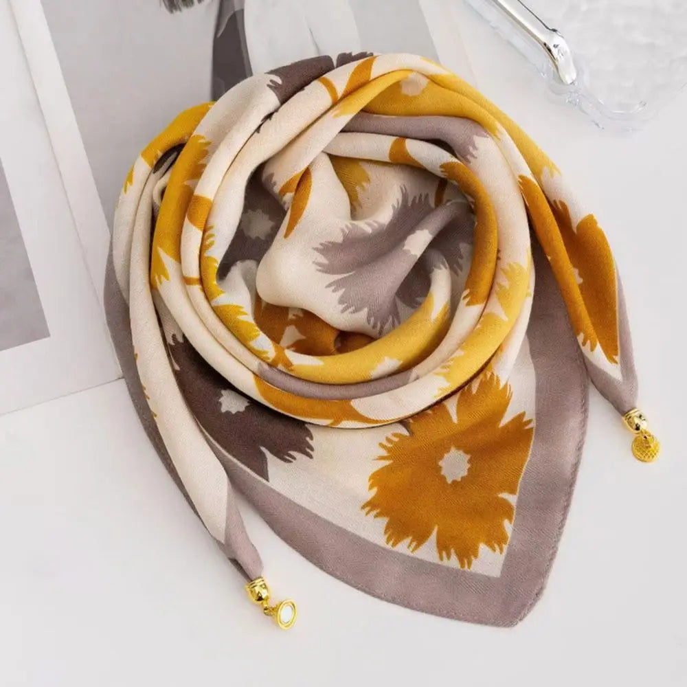 Fashion Magnetic Buckle Silk Scarf Floral Print Lightweight Neck