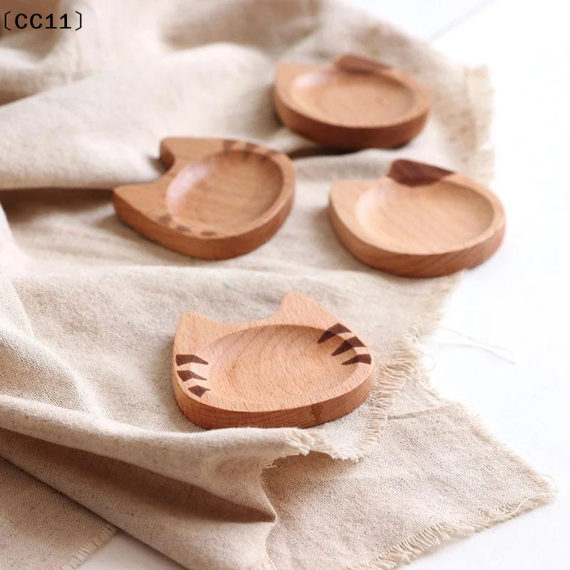 Mini Cat Shape Dish Japanese Cartoon Sauce Creative Wooden Flavoring