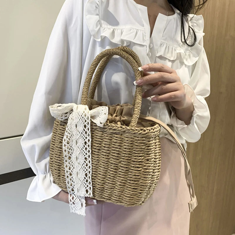 Women Straw Woven Drawstring Handbag Girls Solid Holiday Purse