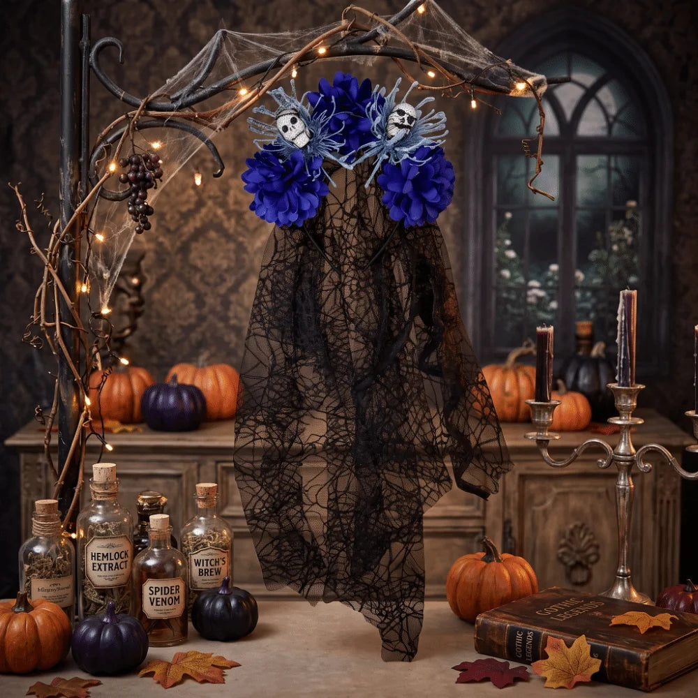 Lace Veil Skull Headband Dark Purple Sheer Mesh Ghost Bride Headwear Skull Shaped Artificial Flowers Floral Veil Headband Vue