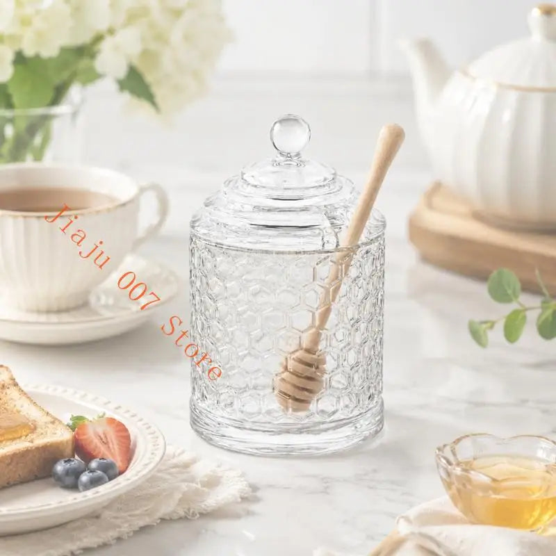 Lidded Glass Syrup Jar with Dipper Rest & Honeycomb Texture Glass Condiment Jar Vue