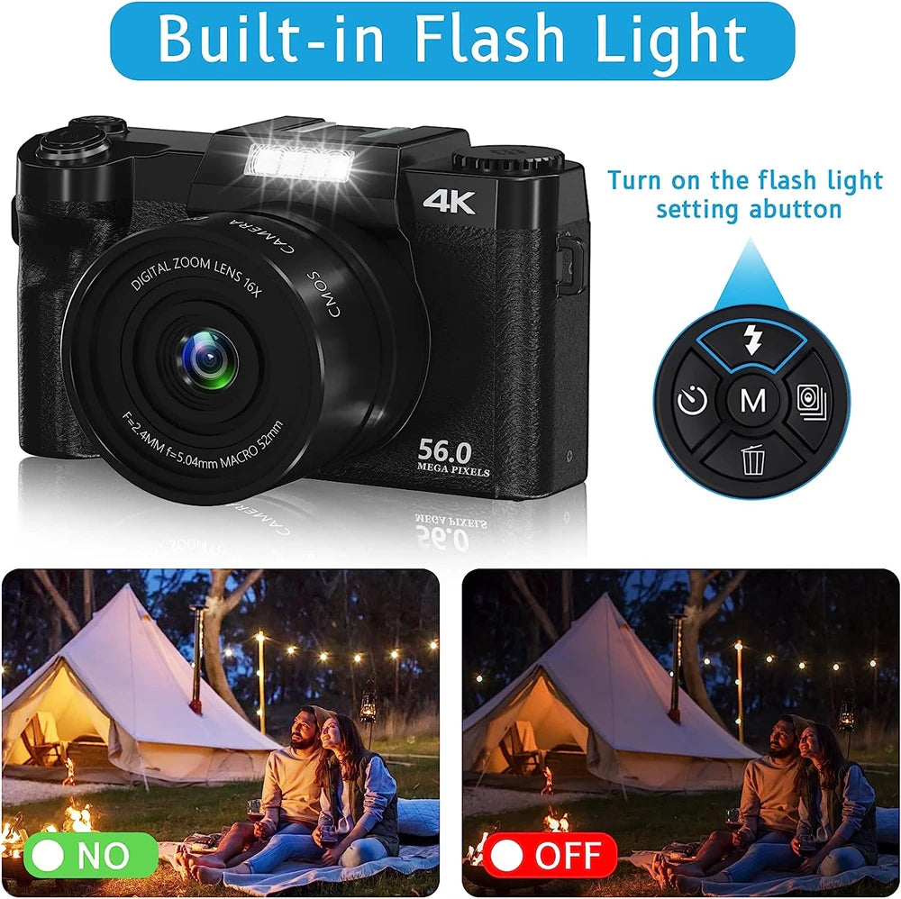 4K Digital Camera 48MP Vlogging YouTube 60FPS Auto Focus 16X Zoom Camcorder Recording Video With LENS Selfie Time Set New Camera Vue